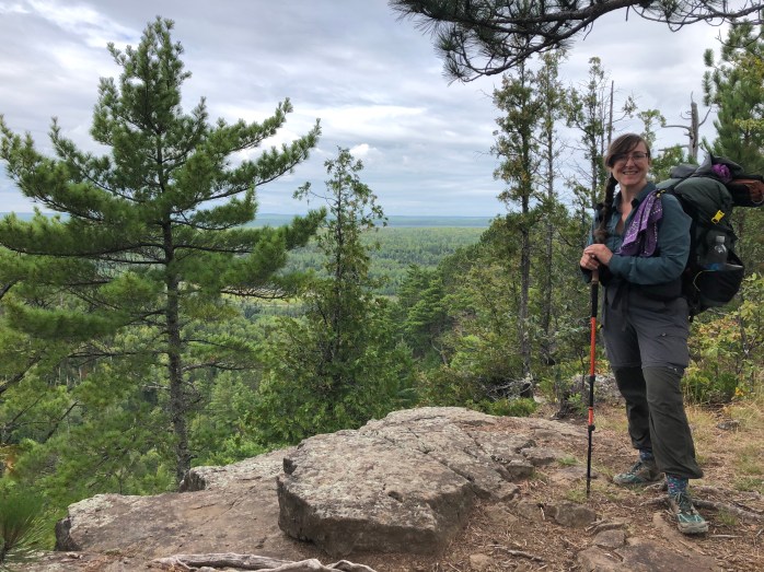 Annie with her backpack 1,200 miles into her long-distance hike on the North Country Trail.